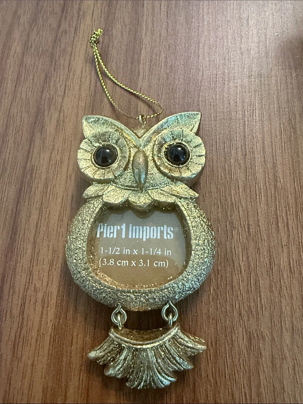 New Pier 1 Gold Owl Mini Photo Frame Ornament Metal Tassel Feet NWOT